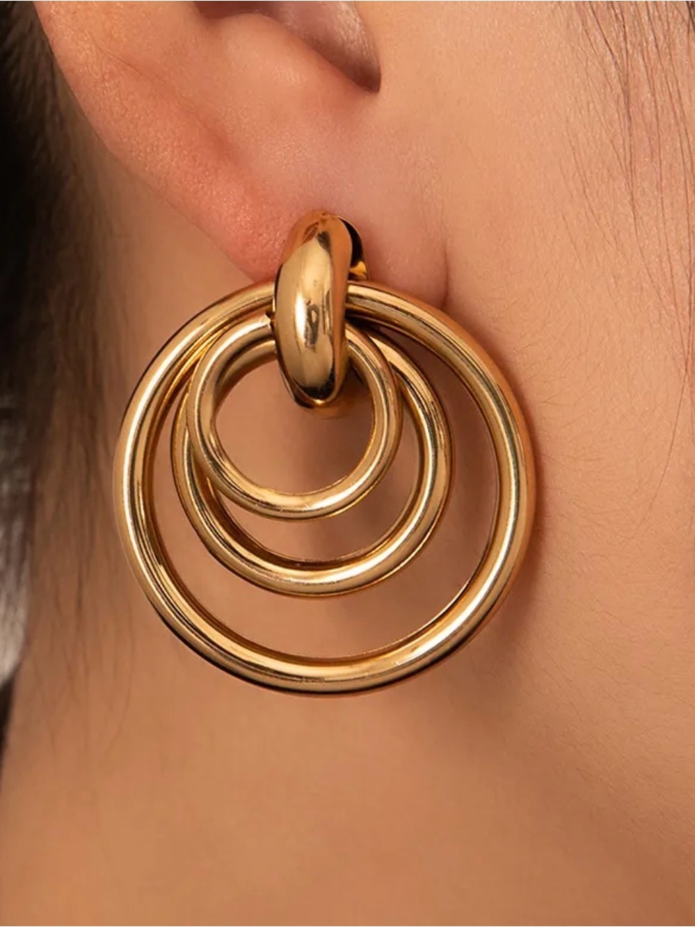 18k Gold chunky Triple Hoop Drop Earrings - Women Jewelry
